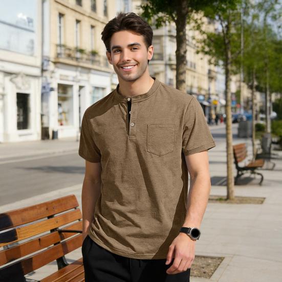 Men Quarter Button T-Shirt Solid Color Short Sleeve Band Collar Summer Tee Loose Fit Tee Shirt with Chest Pocket for Street Holiday Beach