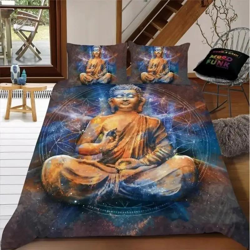 Mandala Buddha Duvet Cover Set King Size Exotic Ethnic Bohemian Bedding Set Golden Black Lotus Flowers Gorgeous Comforter Cover
