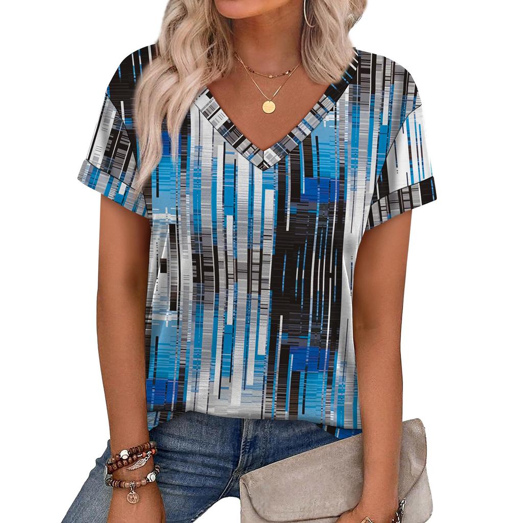 Women V Neck Floral Print Short Sleeve Blouse Pleated Hem Casual Loose Fit Summer Spring Top