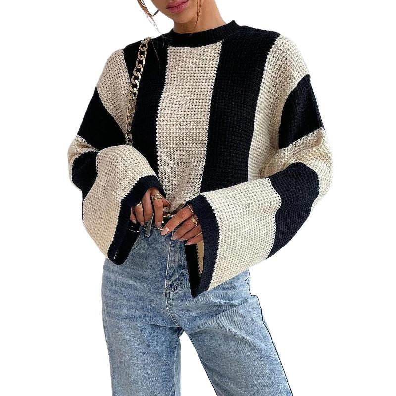 

Женский вязаный свитер с цветными блоками и рукавами-колокольчиками, пуловер, топ L абрикосовый