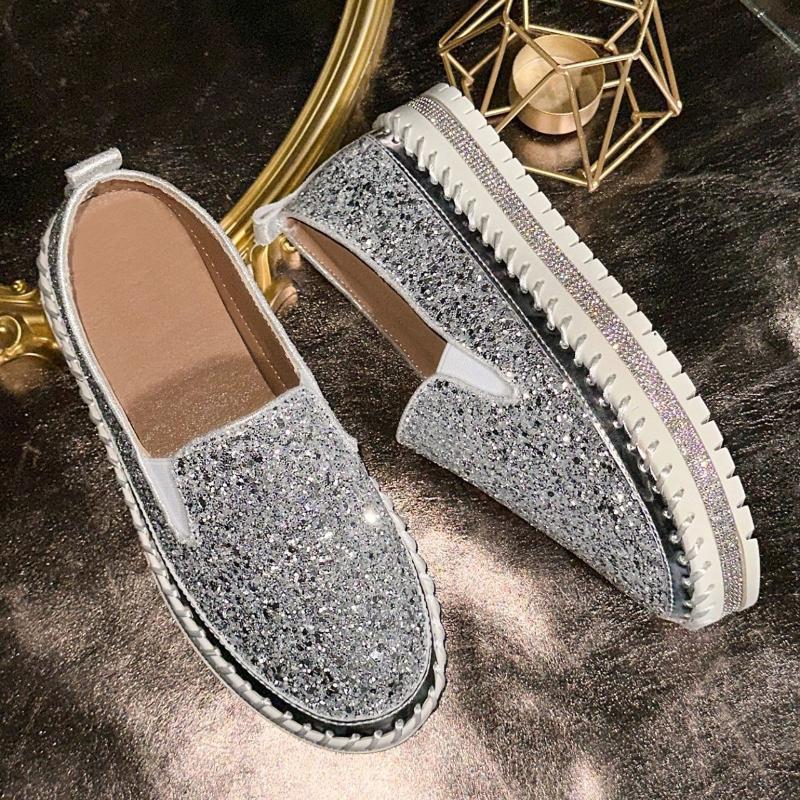 Women Flats Luxury Bling Rhinestone Sewing Platform Loafers Ladies Fashion Comfort Thick Sole Slip On Casual Shoes Zapatos Mujer
