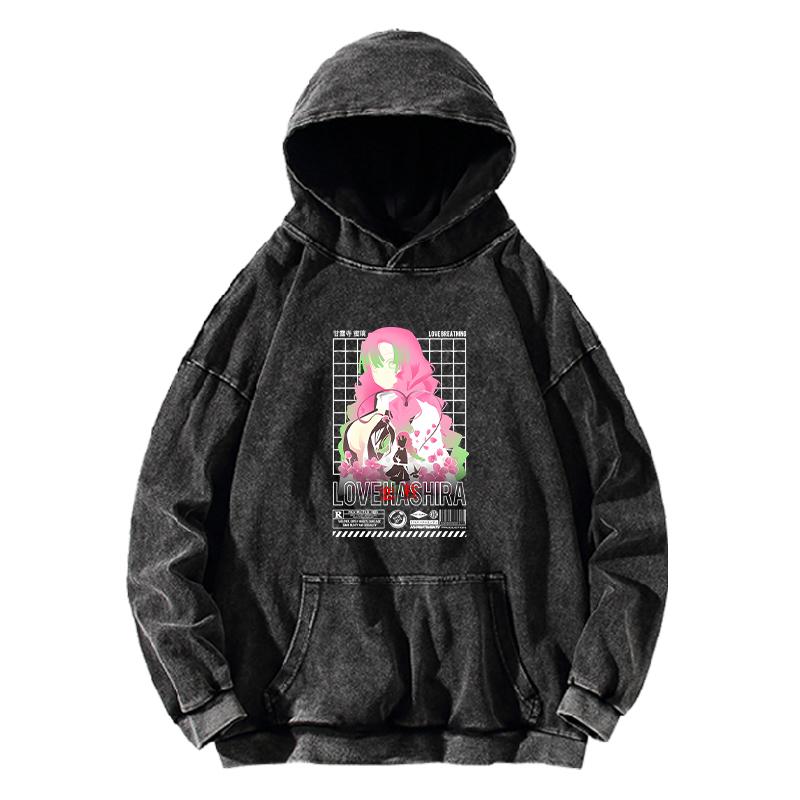 Heißer Anime Demon Slayer Kanroji Mitsuri Bedruckter Kapuzenpullover Herren Damen Vintage Hoodies Gewaschene Baumwolle Sweatshirt Harajuku Streetwear