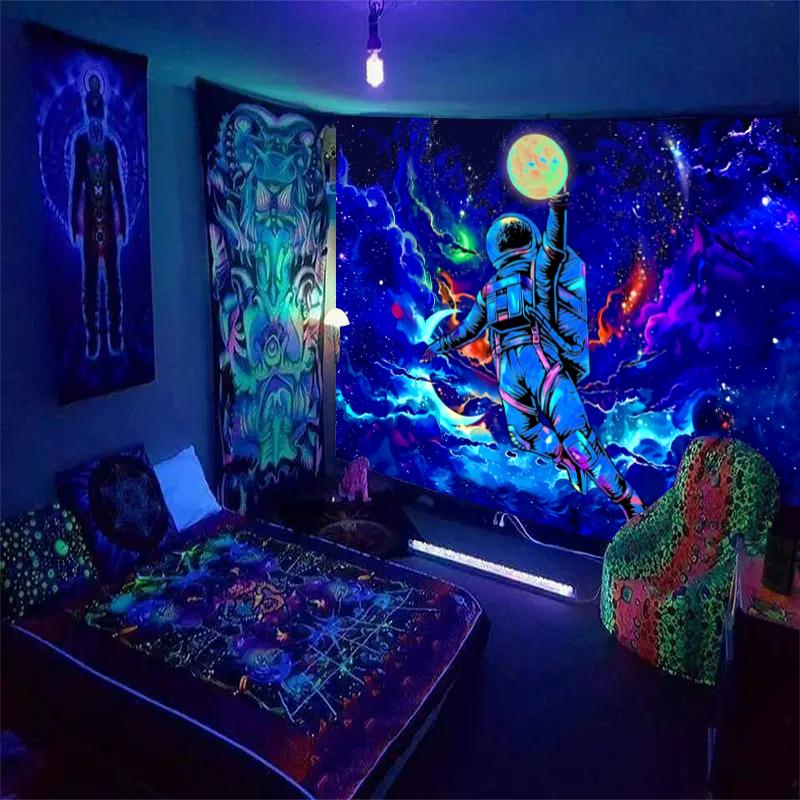 1pc Astronaut Space Fluorescent Tapestry, UV Black Light Space Alien Tapestry, Cool Galaxy Space Starry Sky Hanging