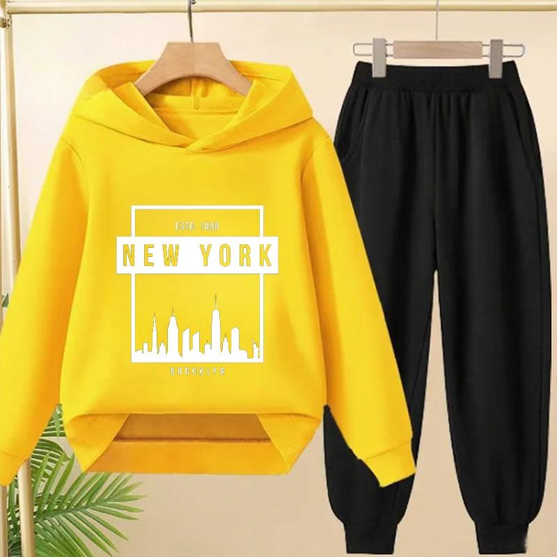 Spring Autumn New York BrookLyn Letter Print 2pcs Hoodie+Pants Tracksuits 3-13 Years Boys Girls Streetwears Children Clothes