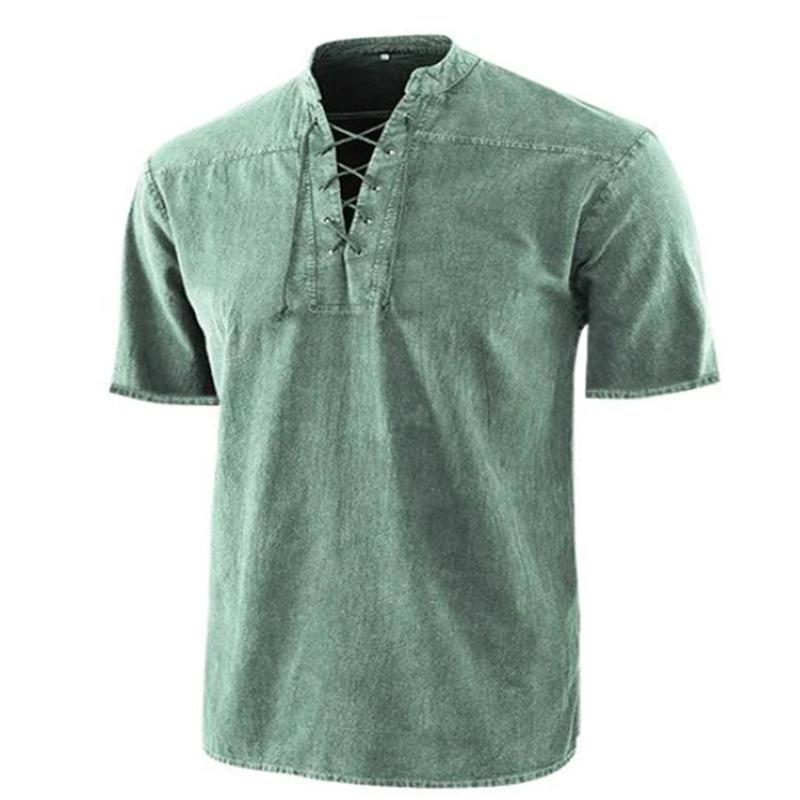 T-shirt à manches courtes et col en V pour homme, haut uni, décontracté, à lacets