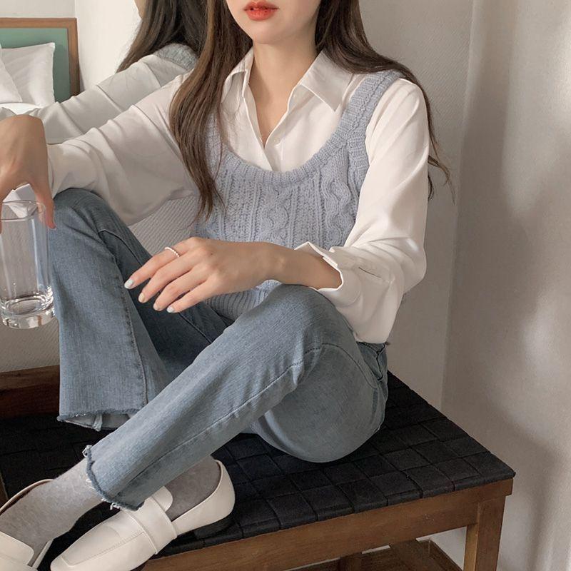 2024 Autumn Japanese Cable Knit Vest & Sleeveless Shirt Set - Slimming, Layered Ins Style