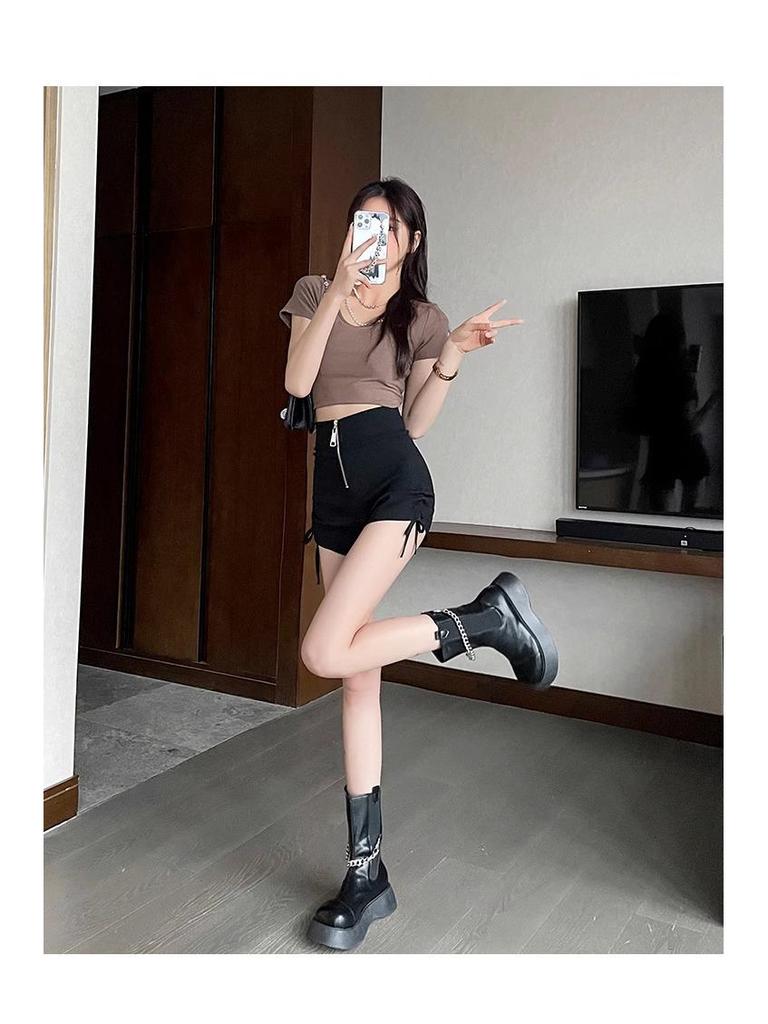 Black High Waist Ruched Drawstring Booty Shorts - Trendy Slim Fit Thong-Style for Spring