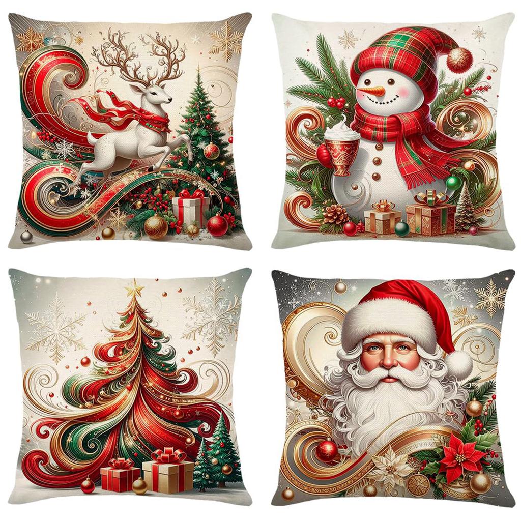 4Pcs Christmas Themed Pillow Case Washable Soft Cushion Sleeve Reindeer Pattern Snowman Printed Cushion Cover for Outdoor Couch
