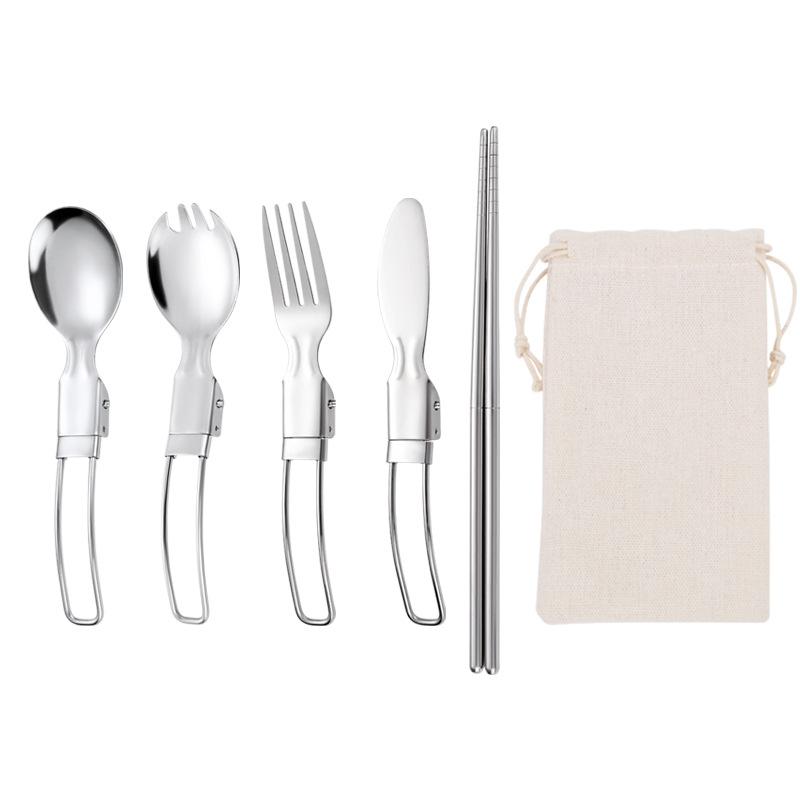5Pcs 304 Stainless Steel Folding Cutlery Set Portable Reusable Metal Knife Fork Spoon Camping Tableware for Outdoor Picnic