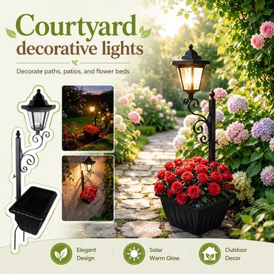 Outdoor Solar Powered Iron Art Garden Stake Light with Waterproof Landscape Lamp and Planter for Yard Patio Lawn Decoration