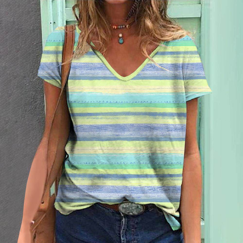 Bedrucktes Damen V-Ausschnitt Kurzarm Sommer 3D Gestreiftes Top Damen T-Shirt