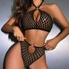 Sexy Mesh Two-piece Set with Hollowed Out Perspective Iron Rings Hanging Neck Straps Bikini Lingerie and Fishing Net Suit