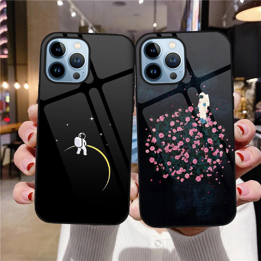 Niedliche Astronauten-Hülle aus gehärtetem Glas für Iphone 14 13 11 12 Pro Max Mini Xs Xr X 7 8 6s Plus Se 2022 Cover Protection Shell Capas