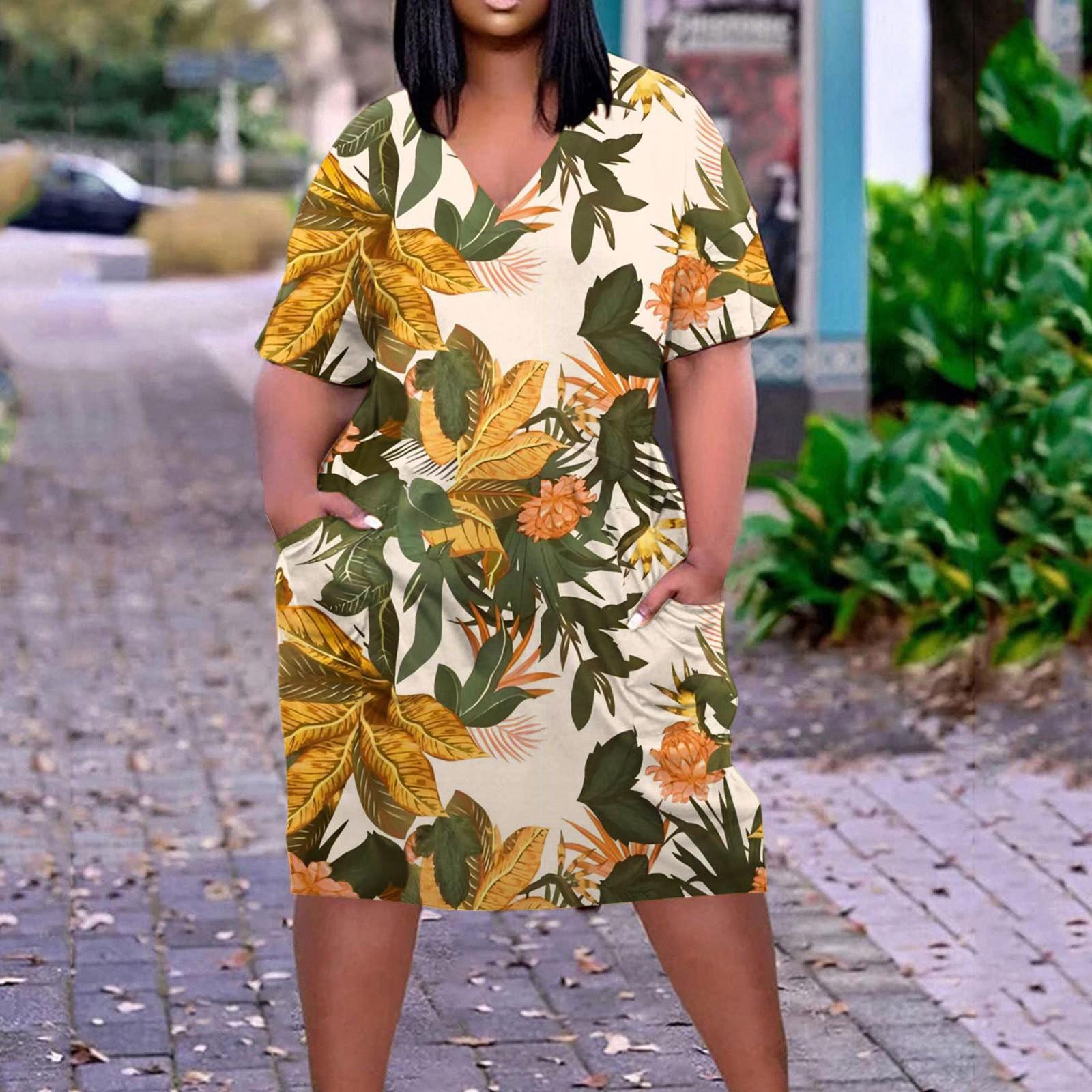 

Женское платье с V-образным вырезом и коротким рукавом. Летние платья. Платье-рубашка с принтом и карманом. L жёлтый