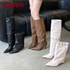 Fashion Fashion Rivet Women Knee High Modern Boots Female Slip On Shoes Pointed Toe Ladies Long Boots With Heels Shoes Pumps