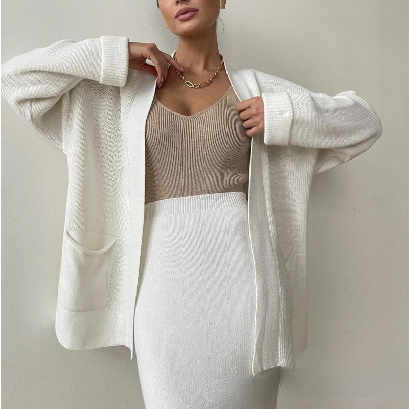 

Женский свитер, вязаный кардиган, повседневная однотонная полуюбка, комплект из двух предметов, модная женская юбка с запахом на бедрах + трикотаж слоновая кость