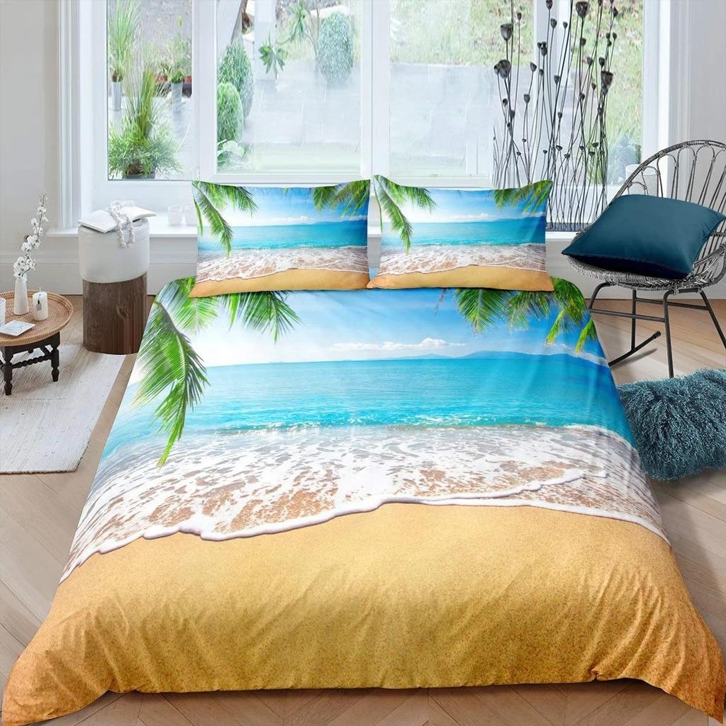 Summer Beach Duvet Cover Set Queen Ocean Bedding Set Hawaiian Palm Trees Marine Life Sea Waves Fish Printed Comforter Cover Set