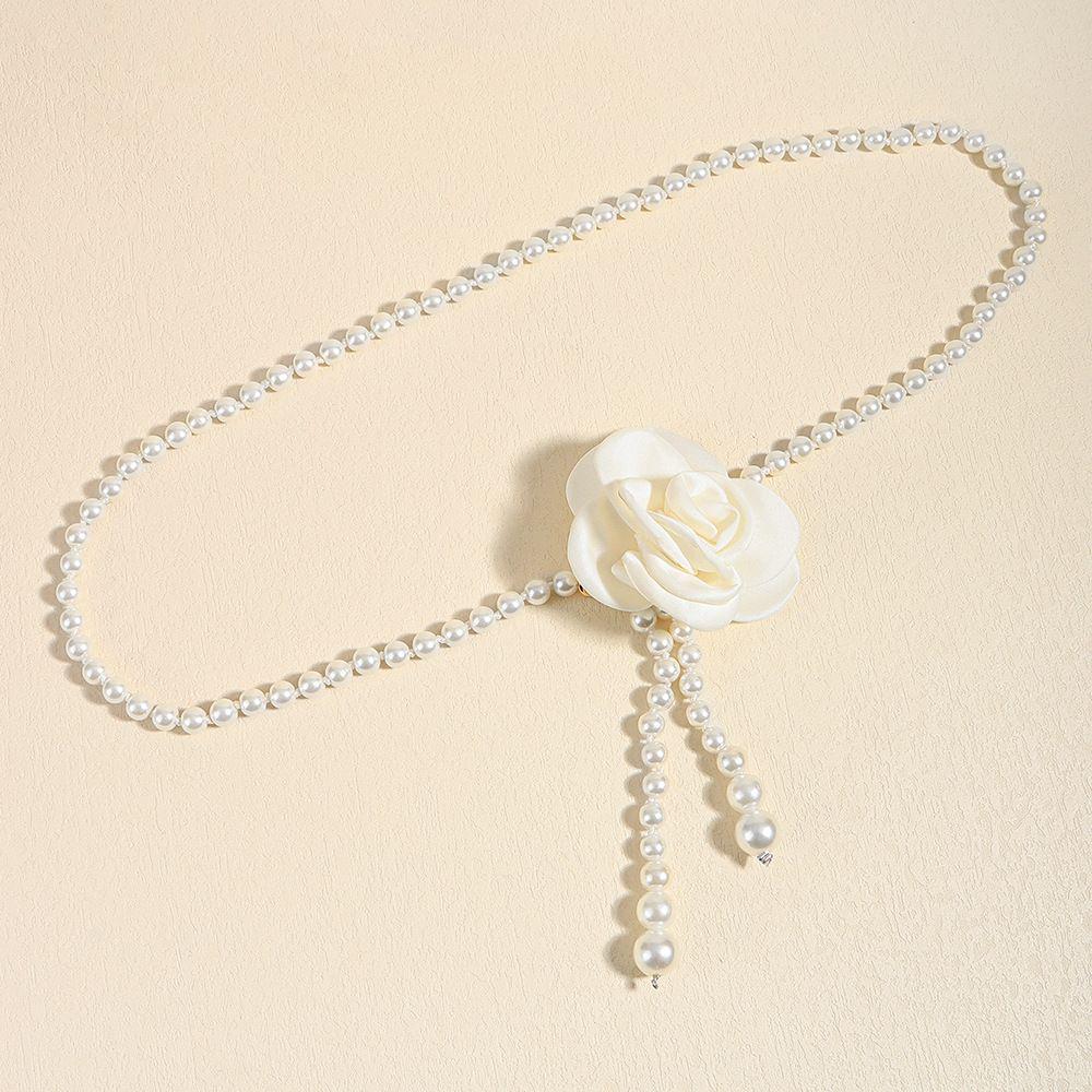 Women's High-End Dress Belt with White Pearl Flower Decoration for Summer