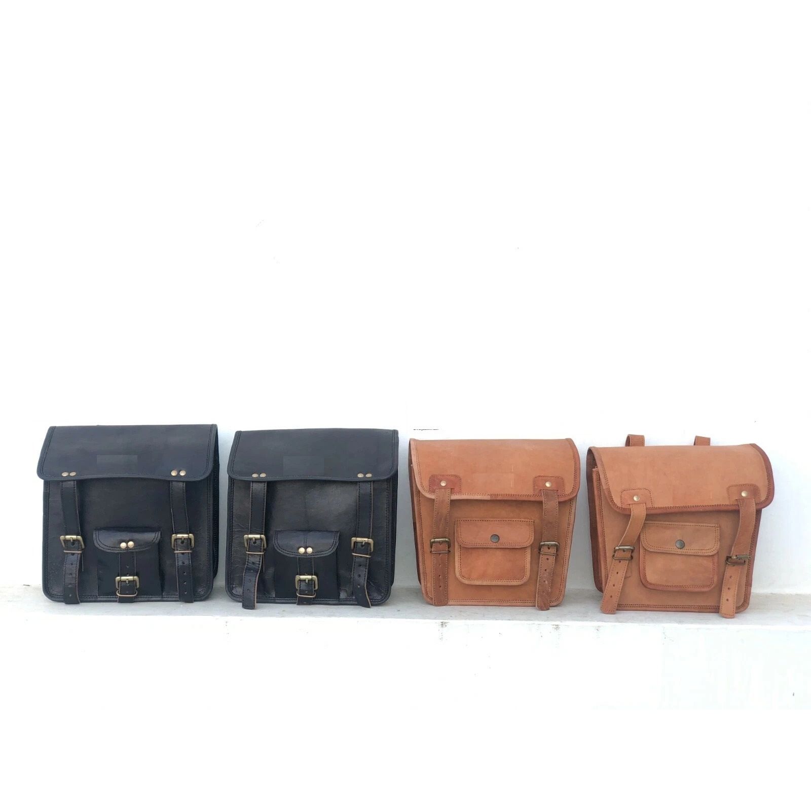 

Saddlebags Motorcycle Pouch Brown Black Leather Two Bags Panniers Saddle 1 Pair in 4 Bag 11 x 9 x 4 in