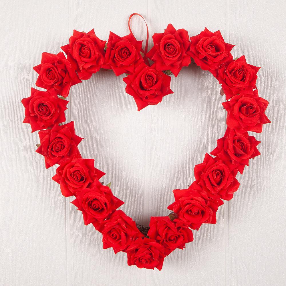Valentine'S Day Love Red Rose Wreath Door Hanging Couple Party Decoration Rattan Pendant Wedding Scene Decoration