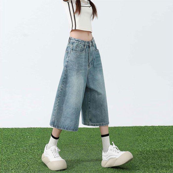 Women s 2025 Retro High-Waisted Cropped Wide-Leg Jeans - Summer Designer Style, Slimming Seven-Point Straight Leg Casual Pants S