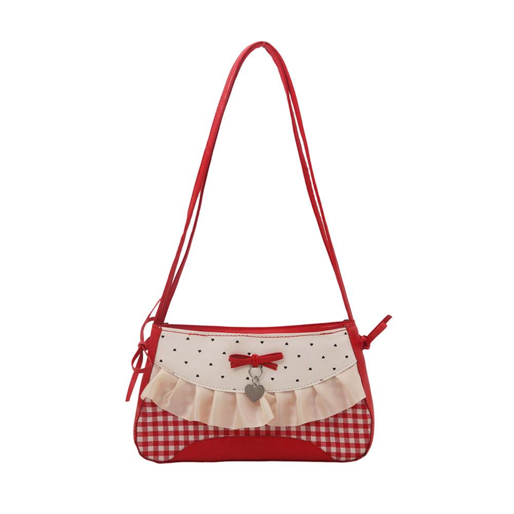 

Casual French Lace Bow Shoulder Bag Niche Design Sweet Plaid Women Stylish Tote Purse Lace Ribbon Cloth Underarm Bag