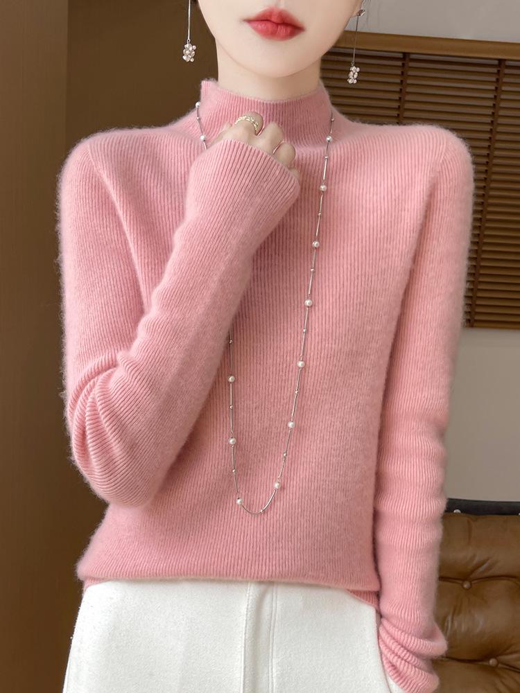 Damski sweter z wysokim dekoltem, dopasowany, z imitacji wełny - rozciągliwa dzianina, warstwa bazowa na jesień/zimę