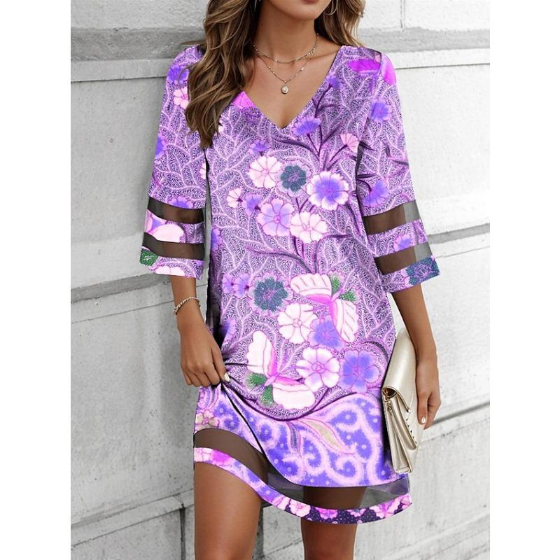 

YYFS женские модные летние весенние цветочные узоры с рукавами 3/4 и v-образным вырезом, свободные повседневные платья с талией XXXL