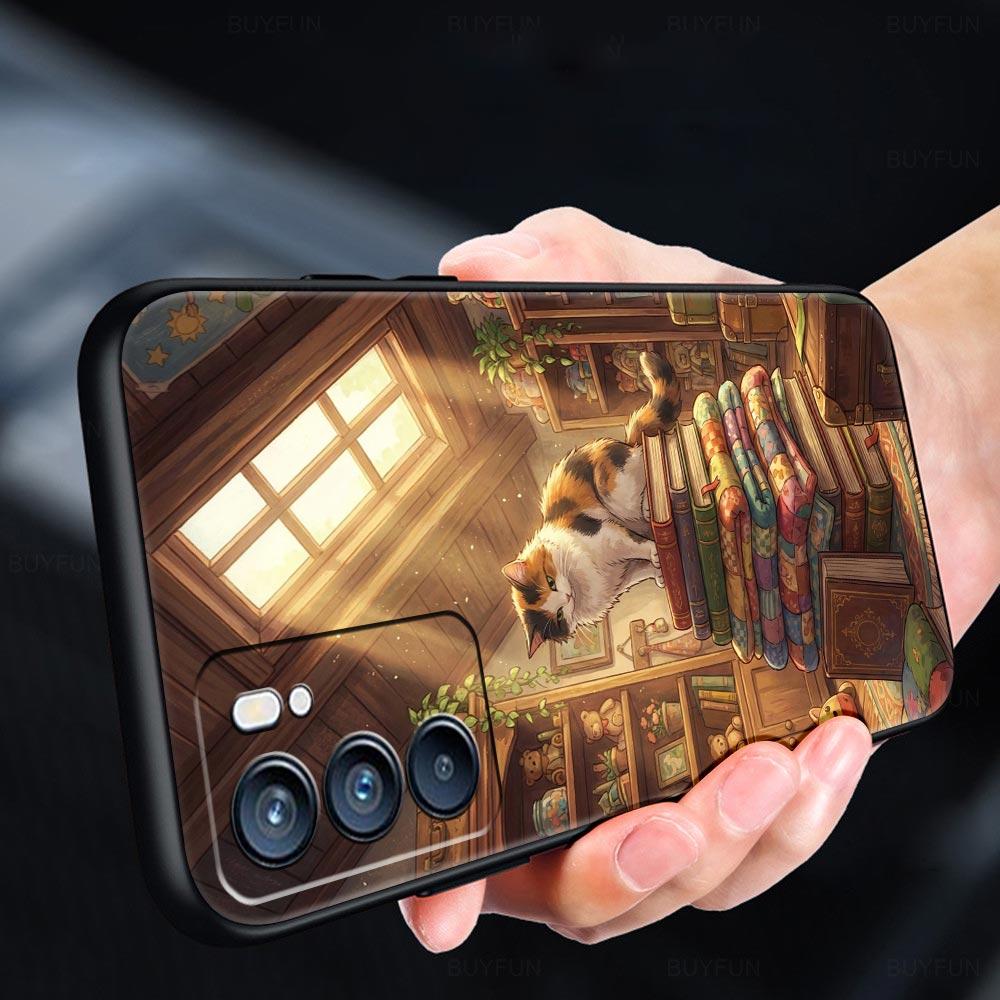 Handyhülle für Oppo A17 A31 A54 A57 A78 A79 Find X5 X6 Reno 7 8 10 11 12 13 F Pro Weiches TPU Niedliches Schmetterling Katze Bücherregal Design