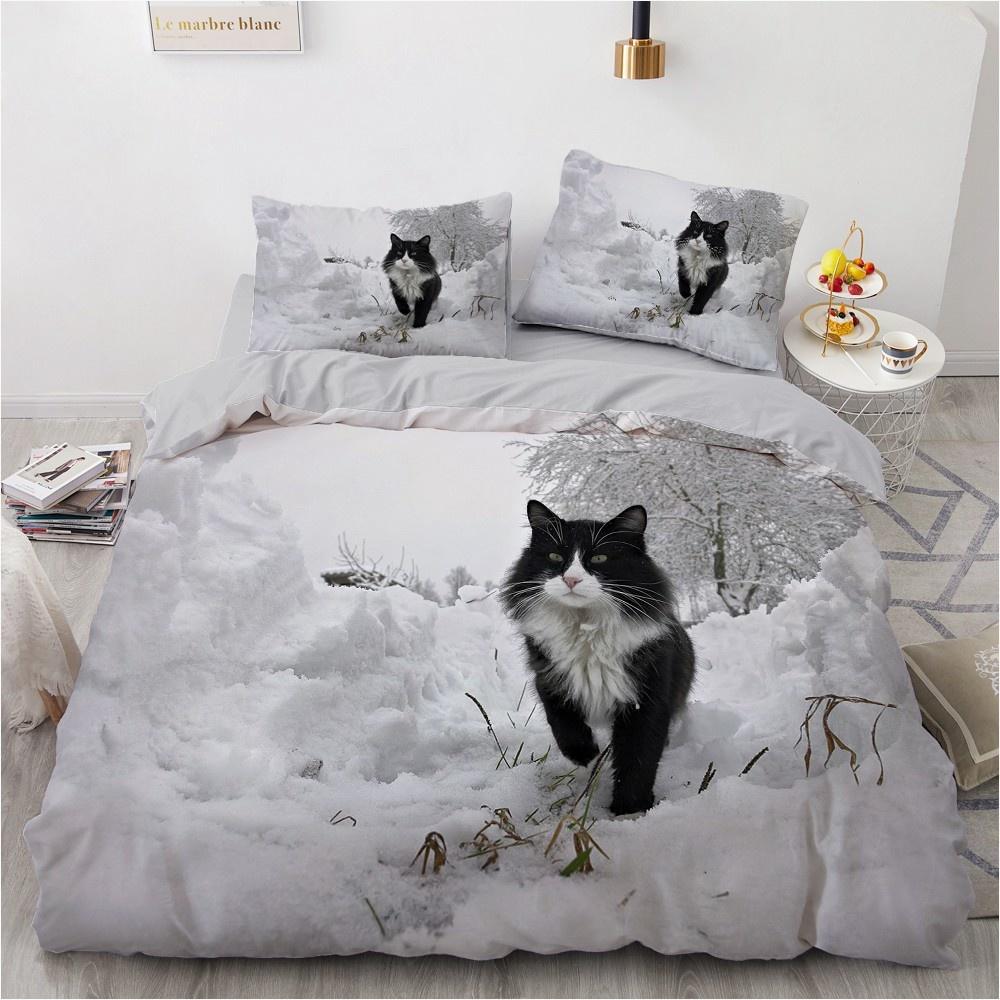 

Pet Black Cat Design 3D Bedding Sets White Duvet Quilt Cover Set Comforter Bed Linen Pillowcase King Queen 140*210cm Size Dogs Eu Single135x200cm
