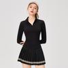 Women's Slim Fit College Style Tennis Set: Long Sleeve Top & Striped Pleated Skirt
