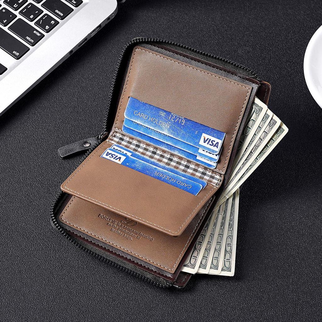 Retro Men's Color Block Leather Wallet with Zipper – Multi-functional Card Holder with Multiple Slots