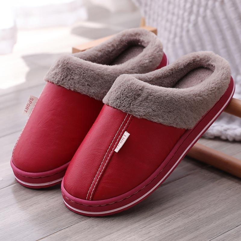 Women'S Slippers Indoor Warm Slippers Non-Slip Winter Ladies Leather Slippers Antifouling Couple Home Short Plush Flate Shoes