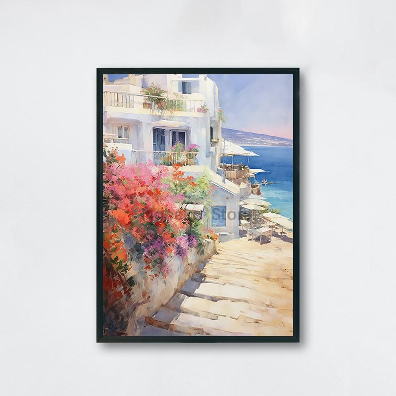 Watercolor Style Mediterranean Coast Sea Poster Seaside Landscape Prints Canvas Painting Wall Art Pictures Home Room Beach Decor