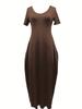 Plus Size Damen Einfarbiges Kleid Sexy Deep V Kurzarm Langer Rock