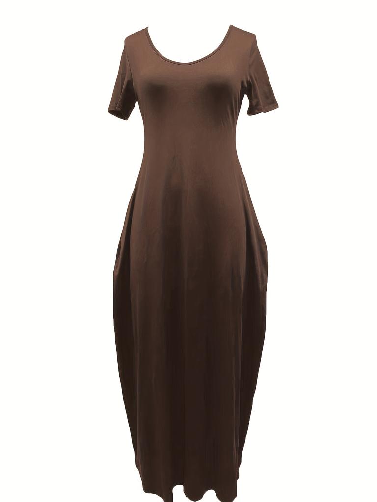 Plus Size Damen Einfarbiges Kleid Sexy Deep V Kurzarm Langer Rock