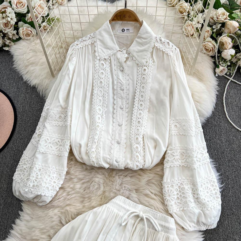 Lace Panel Long Sve Irt And High Waist Flared Skirt Set Women's Faion Ensemble Hollow Out Design Slimming Women Suit 2 Pieces Set