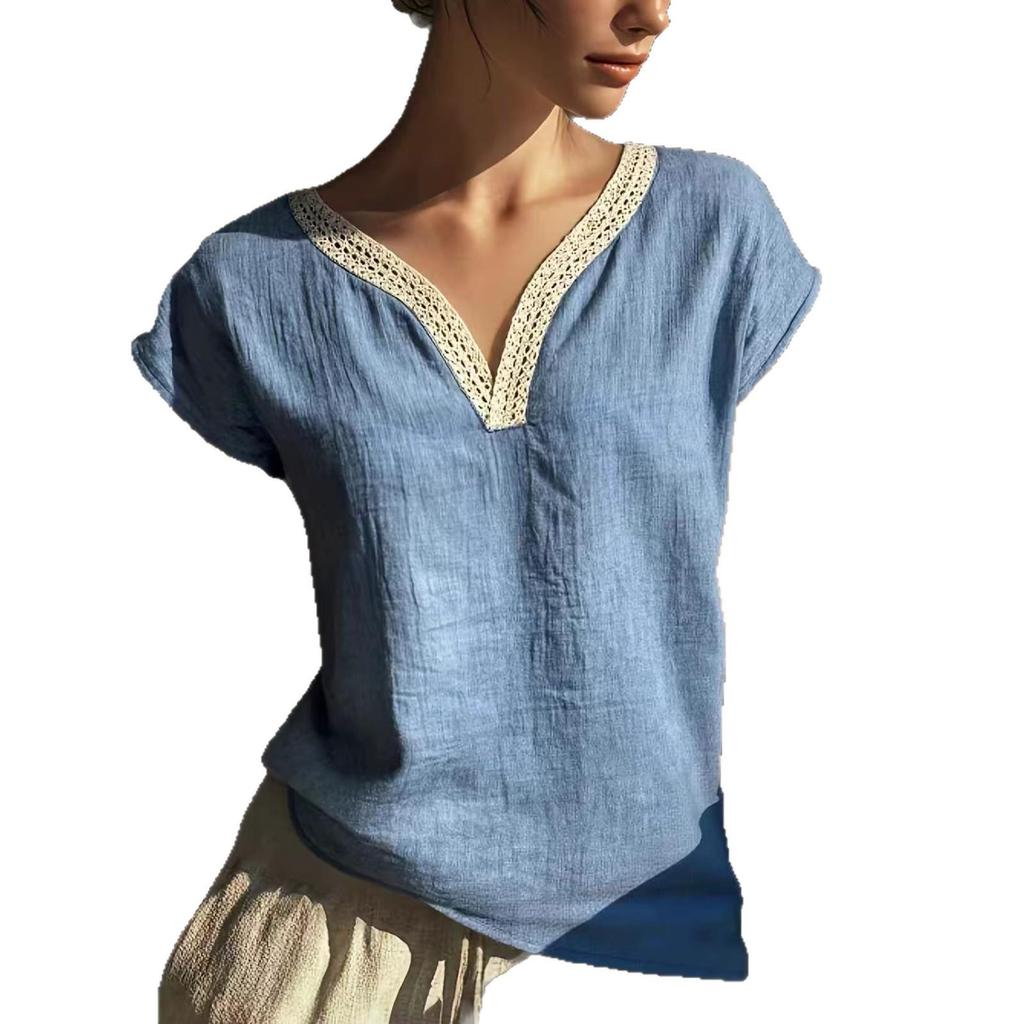 2026 Elegante Camicia Estiva Retrò Bohemien in Pizzo con Scollo a V in Cotone e Lino da Donna