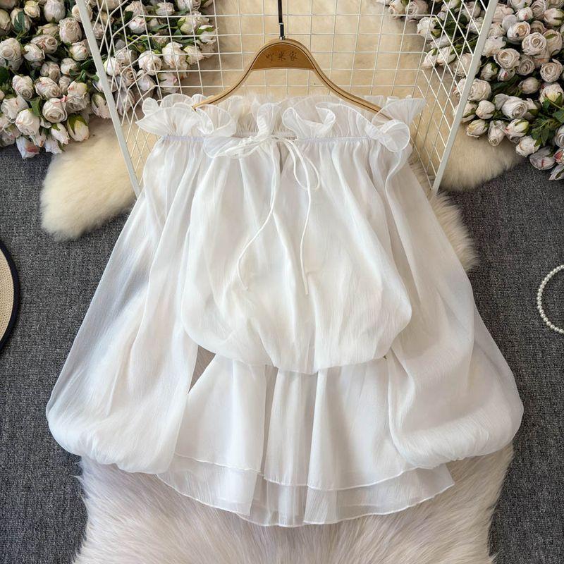 

White Pure Desire Temperament off-Shoulder Bubble Long sleeve Sun Protection Chiffon Shirt Women Summer Beautiful Frill Lace-up Top White One size