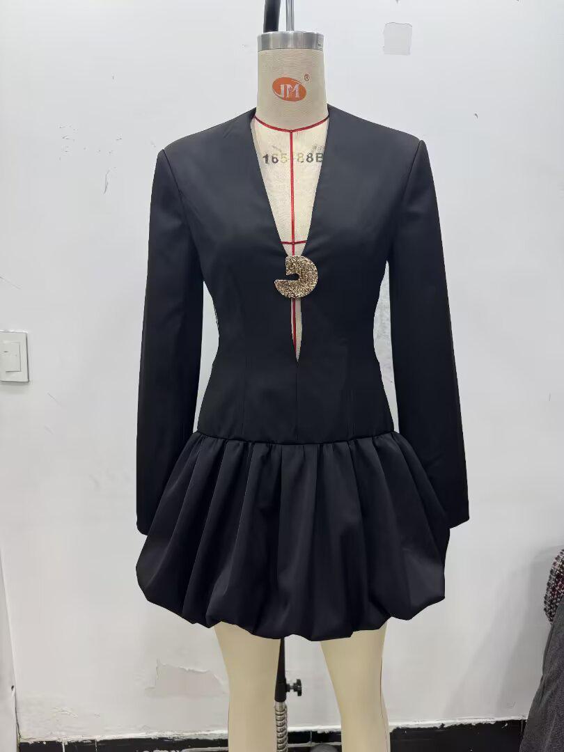 European and American Women s Fashion Casual Balloon Silhouette Mini Dress Small чёрный