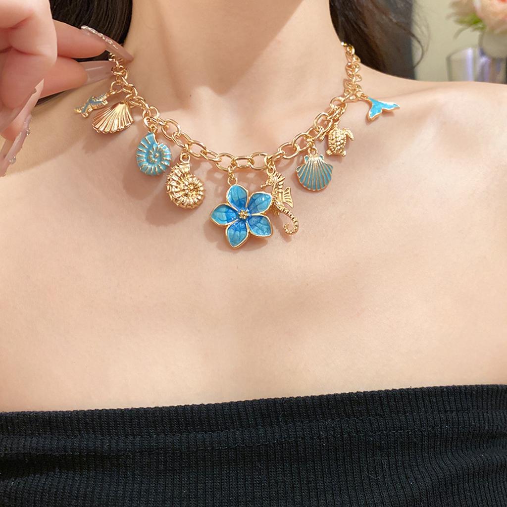 Ozean Serie Emaille Anhänger Halskette Damen Seestern Muschel Blume Halskette Retro Meeresküste Strand Urlaub Tägliche Schmuck Accessoires