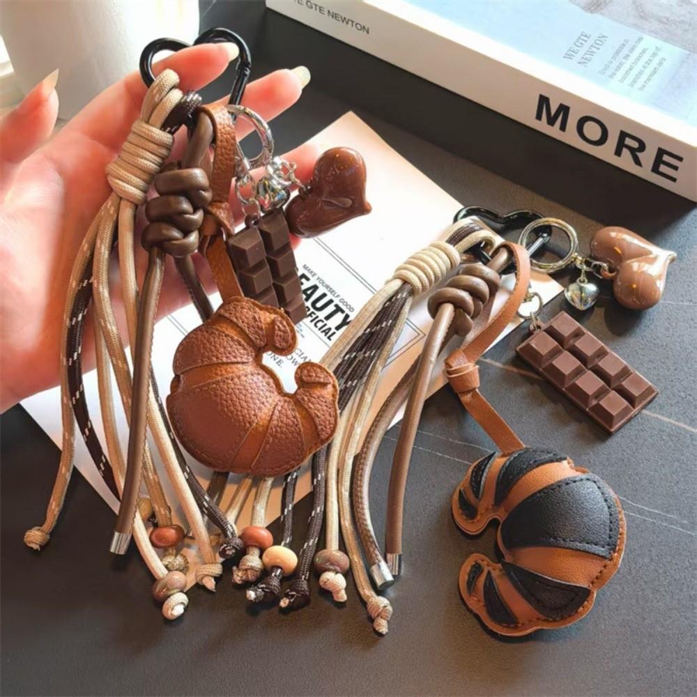 New Braided Rope Croissant Keychain Heart Chocolate Bag Pendant Leather Bread Shape Bag Charms Ornaments Bag Decoration