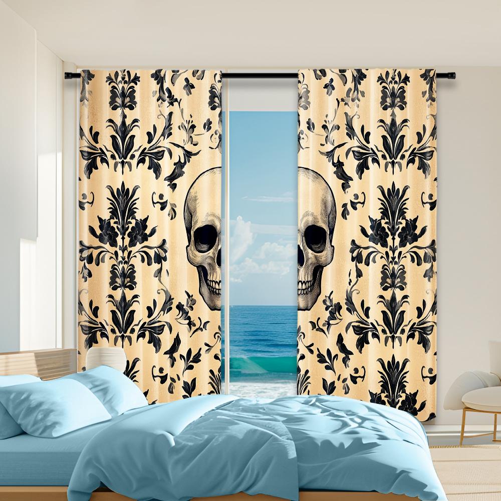 

2 pcs versatile polyester transparent curtains for home decoration Gothic Skull & Floral Peel for use in bedrooms and living 100*130 Rod Pocket 1pcs
