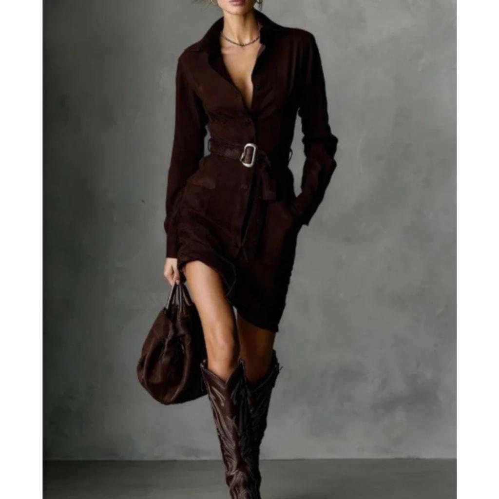 Women's Turn Down Collar Long Sleeve Shirt Dress High Waist Casual Mini Gown