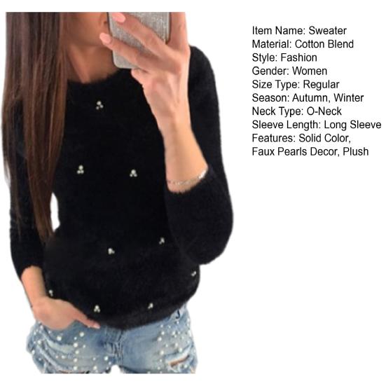Sweater Jumper Long Sleeve Resistant Autumn Thickened Cold Winter Plush Faux Pearls Decor Sweater Jumper Streetwear