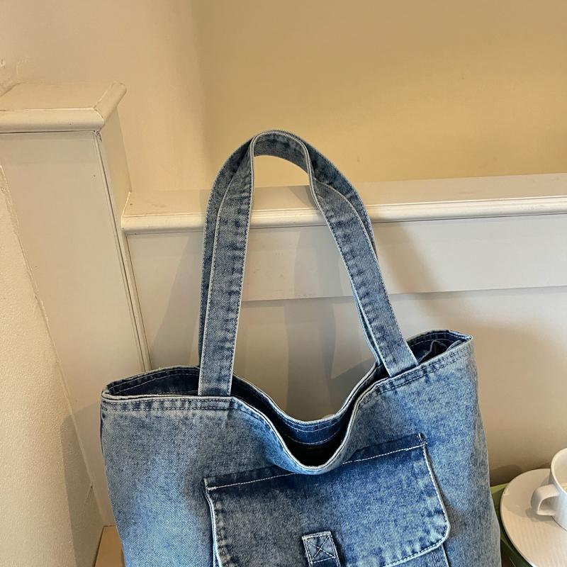 Casual Denim Tote Bag for Women Large Capacity Shoulder Handbag with Front Pocket