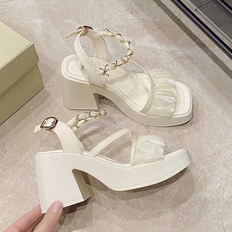 Summer New Women's Sandals: Open Toe with Pearl Button Strap, Thick Sole Waterproof Platform Shoes  Women Sandals