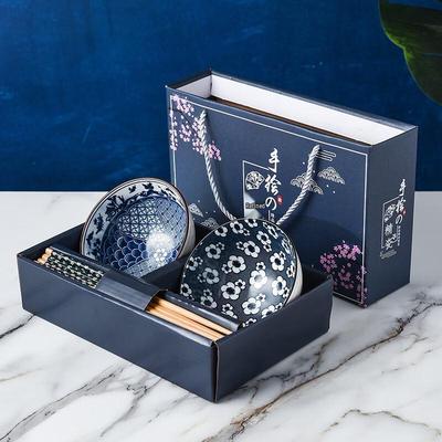Conjunto de Tigela e Hashis de Porcelana Azul e Branca Pintado à Mão Jingboli