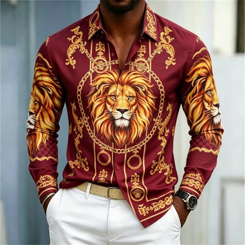 Men's shirt street style animal print shirt white base gilded chain men's slim fit trendy long sleeved business casual shirt