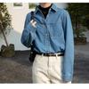 Women's Spring and Autumn Denim Shirt Design Sense Blue Jacket Loose Shoulder Layered French Shirt Long Sleeve